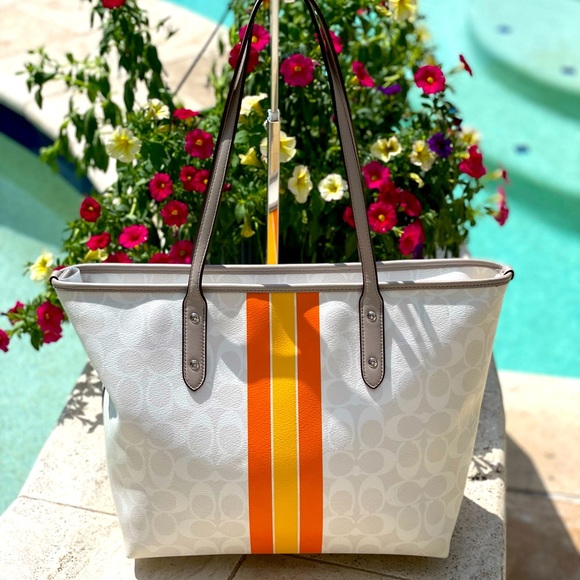 Coach Varsity City Zip Tote in Chalk Signature Print w/Orange&Yellow Stripe NWOT - Picture 2 of 15